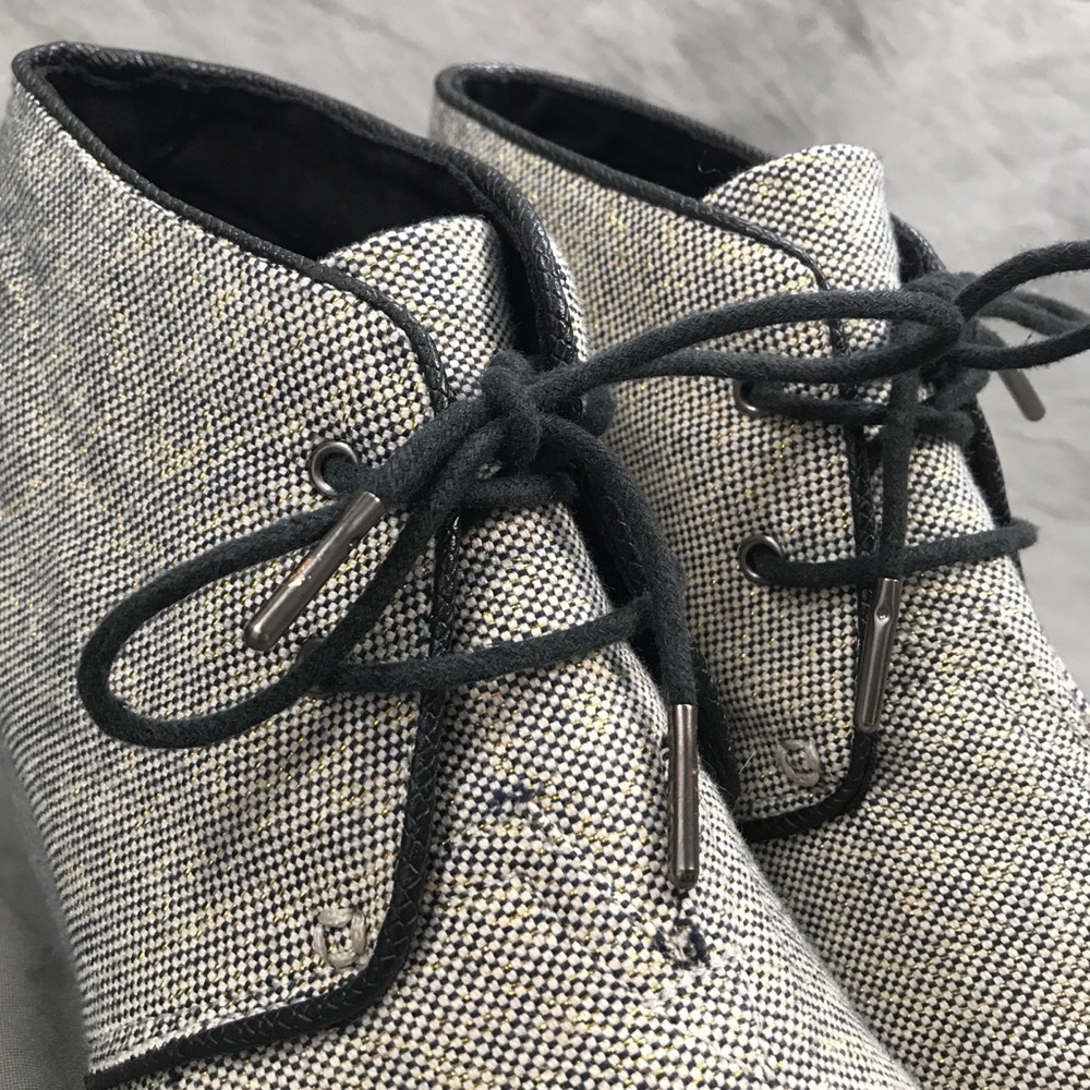 Tom's wedge booties, tweed fabric, lace up, 12